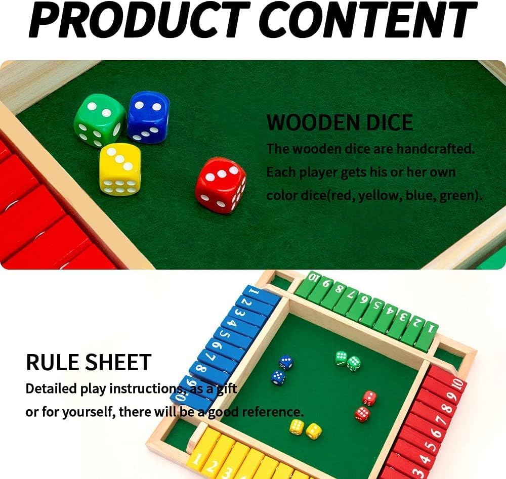SKY-TOUCH Shut The Box Dice Game, 4-player wooden dice game, Family wooden desktop math game, 8 dice classic desktop game, Suitable for family education,Fun party classroom desktop game,Kids Adults.