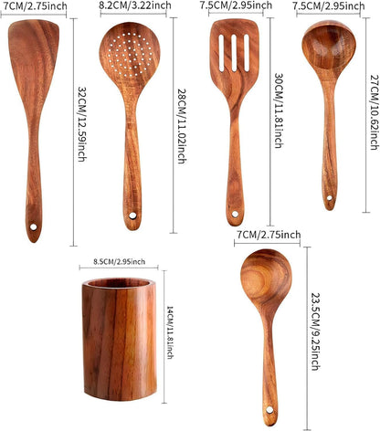 SKY-TOUCH Wooden Kitchen Utensils Set, 6 Pcs Wooden Utensils for Cooking Utensils Set with Utensil Holder, Spoons, Ladles, Strainer Spoon, Salad Fork, Suitable For Various Cooking Needs