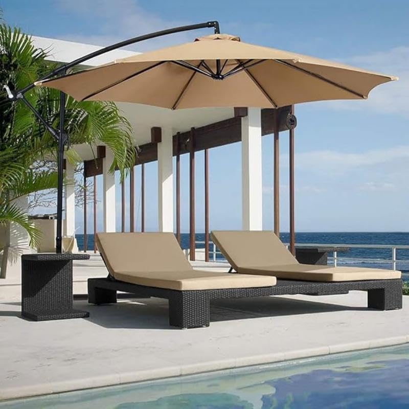 SKY-TOUCH 3M Patio Umbrella: 8 Ribs Offset Hanging Sun Shade Umbrella with Adjustable Height and Tilt Angle Fade Resistant Recycled Fabric Canopy for Yard Garden (Cross Base with Water Tank, Beige)