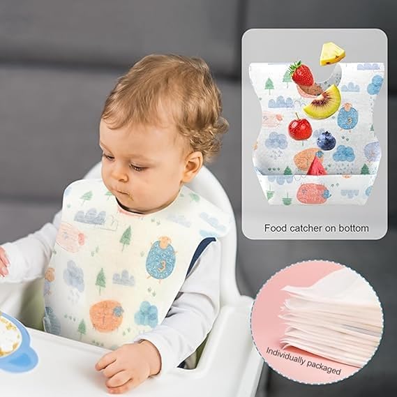 SKY-TOUCH Disposable Baby Bibs 60/120pcs, Portable Waterproof Bib with Crumb Catcher for Girls and Boys, Individually Packaged Suitable for traveling and outing, Baby Bibs Travel Essential