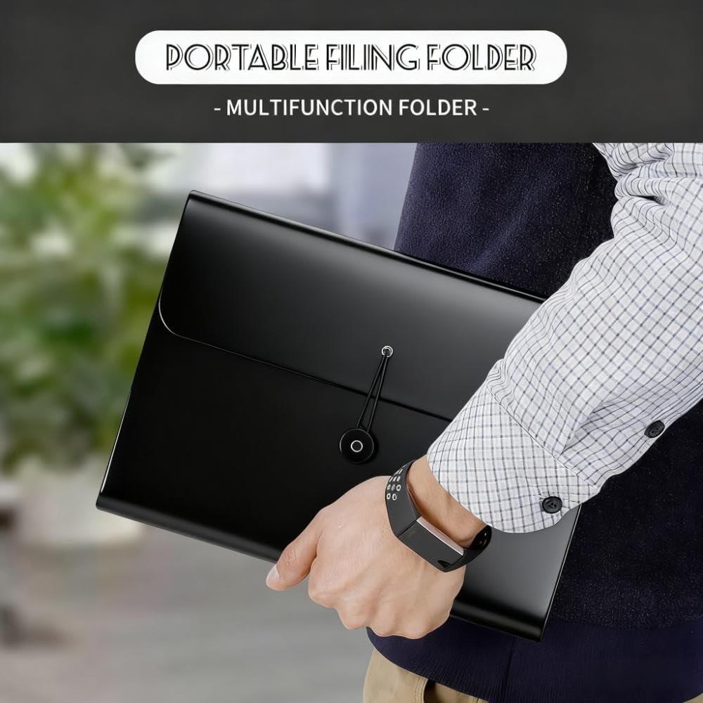 SKY-TOUCH 25-Compartment Accordion File Folder with Hanging Strap – A4 Document Organizer, 13 Pockets with Transparent Pages, Black & Clear, Ideal for Papers, Reports, & Files