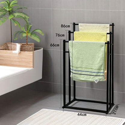 SKY-TOUCH 3 Tiers Metal Towel Rack : Freestanding Floor Towel Rack Stand Washcloths Drying Storage Display Rack for Bathroom Tub Shower Poolside (86 * 44 * 21cm Black)