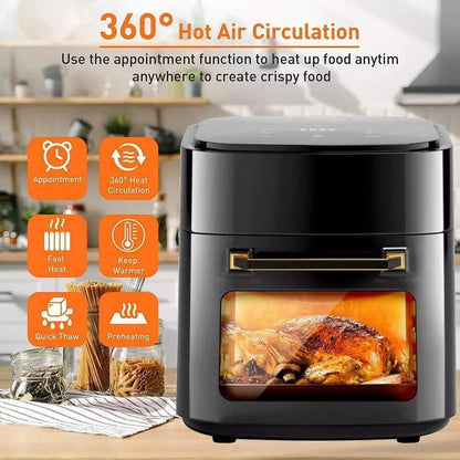 SKY-TOUCH 15L Smart Air Fryer : Multifunctional Oven with Large Viewing Window 360° Heat Digital Air Fryers with Dishwasher-Safe Oven Rack Fry Basket Baking Pan 60-200℃ 6 Presets (1400W Black)