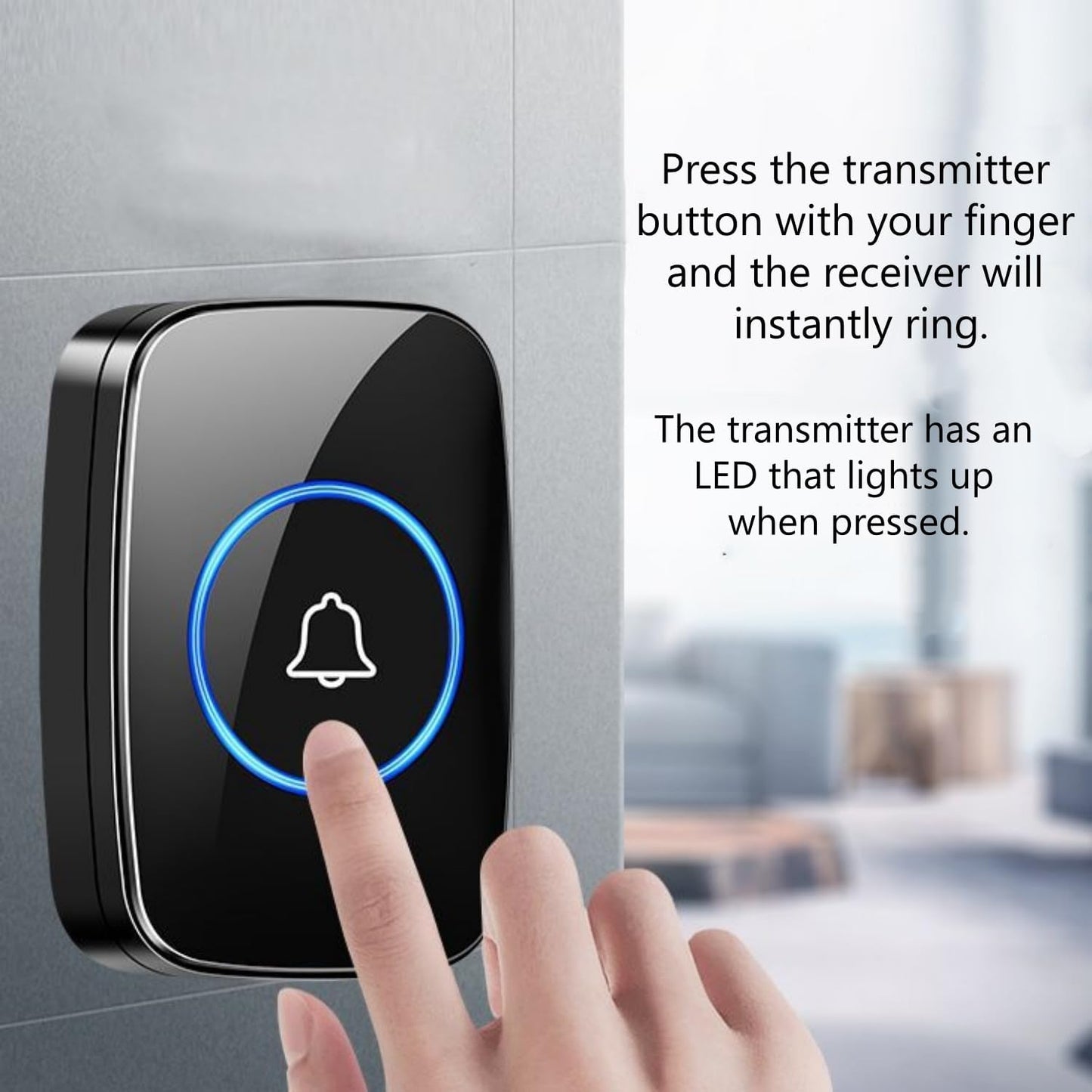 SKY-TOUCH Wireless Doorbell, Waterproof Door Bell Kit With 60 Chimes and LED, Adjustable Volume, Easy installation, Doorbell for Home Office Classroom,Black (1 Receiver And 1 Button)