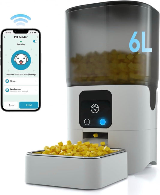 SKY-TOUCH Smart Automatic Cat Feeders: WiFi Pet Feeder with APP Control for Remote Feeding, Detachable for Easy Clean, Automatic Cat Food Dispenser with Alexa,1-30 Meals Per Day for Dog (6L/25Cup)