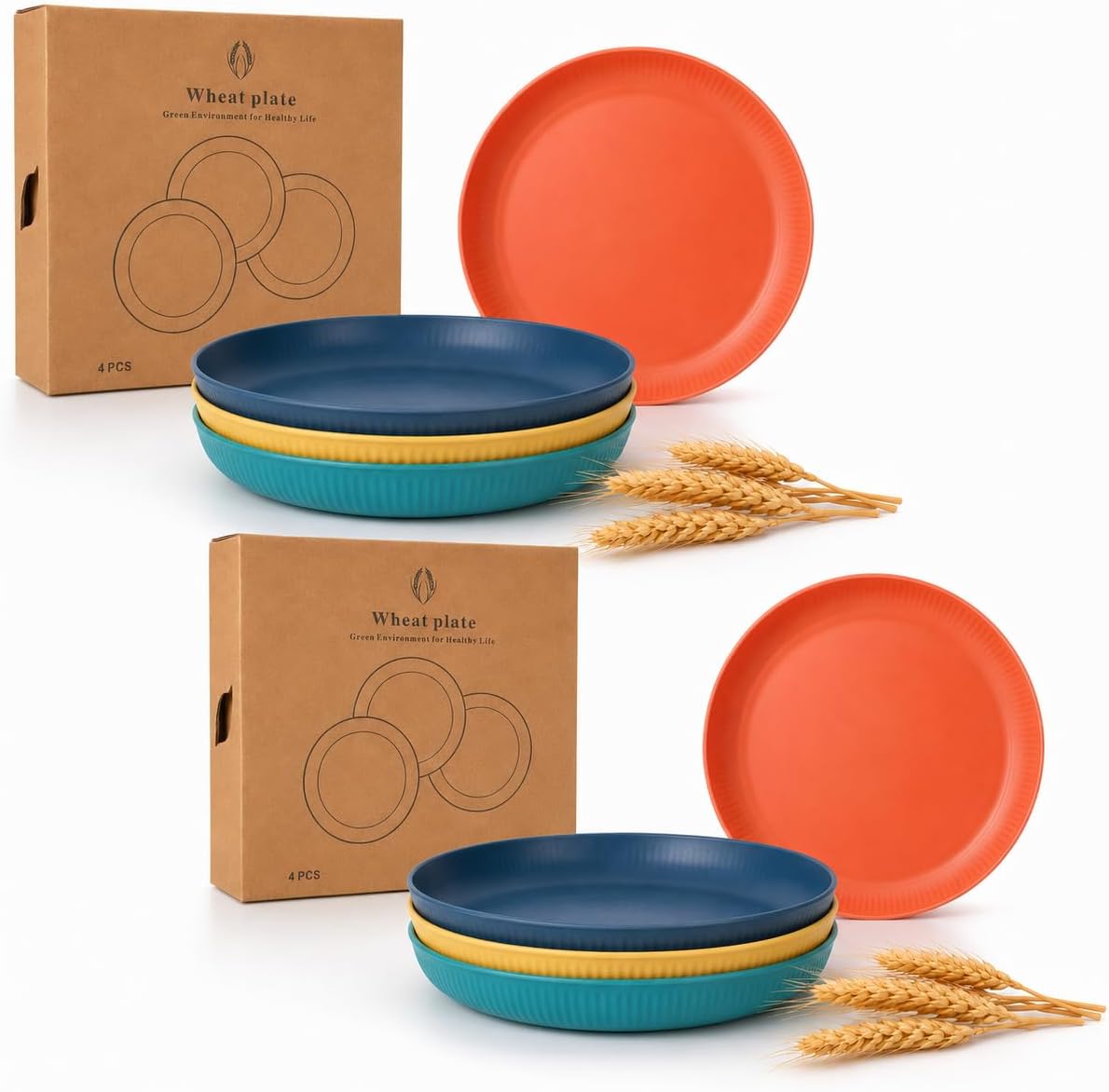 SKY-TOUCH 8 Pack Wheat Straw Plates, Reusable Unbreakable Plates with 3D Textured Stripe Design, BPA-Free Dishwasher Safe Dinner Plates for Salad Dessert Snacks Kitchen Dining