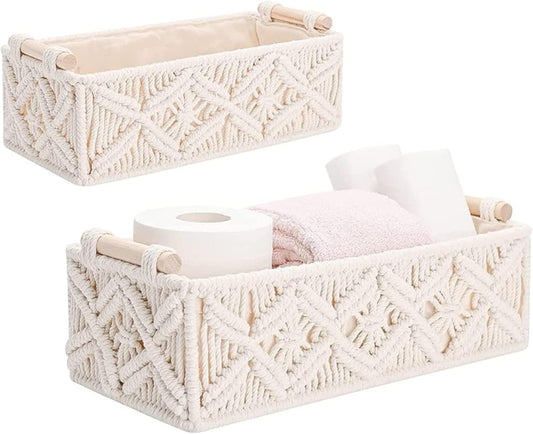 SKY-TOUCH Handwoven Macrame Storage Baskets,Woven Toilet Paper Basket with Handle for Bathroom Countertop, Storage Shelf for Bedroom, Living Room, Home (Ivory)