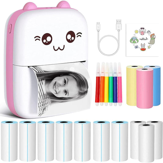 SKY-TOUCH Mini Thermal Printer,Bluetooth Labler Maker,Portable Sticker Printer for Printing Photos, Sticky Notes, Lists (Includes 13 Rolls of Thermal Paper&5 color pens),Install "Fun Print" APP,Pink