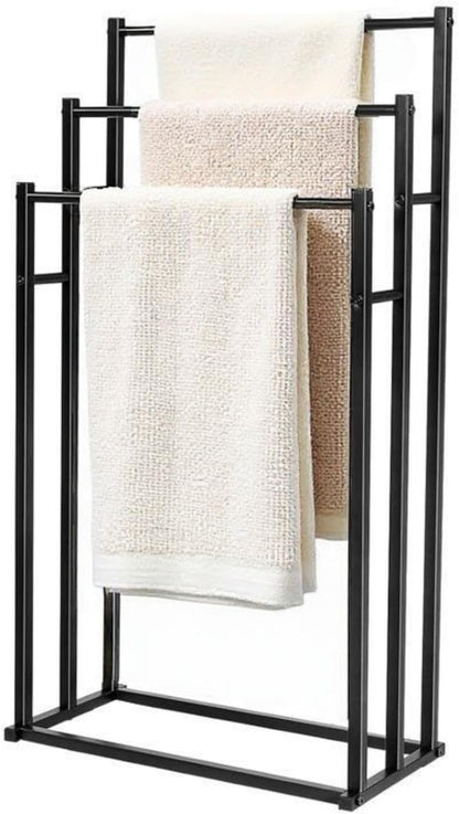 SKY-TOUCH 3 Tiers Metal Towel Rack : Freestanding Floor Towel Rack Stand Washcloths Drying Storage Display Rack for Bathroom Tub Shower Poolside (86 * 44 * 21cm Black)