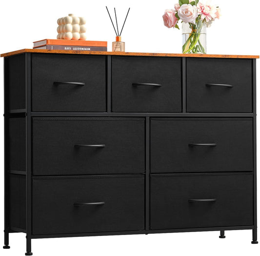 SKY-TOUCH Storage Cabinet : Bedroom Dresser with 7 Drawers Wide Storage Chest with Removable Fabric Bins Storage Organizer Unit for Living Room Entryway Hallway Nursery Kids Room (100*30*74CM Black/Brown)