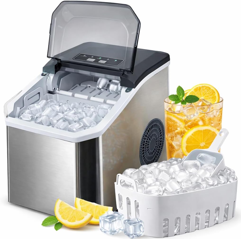 SKY-TOUCH Portable Countertop Ice Maker, Adjustable 5 Ice Sizes, 9 Ice Cubes in 6 Min, 1.3L Water Tank Storage, Self-Cleaning with Scoop & Basket for Indoor & Outdoor, 22.5x29.4x28.5cm