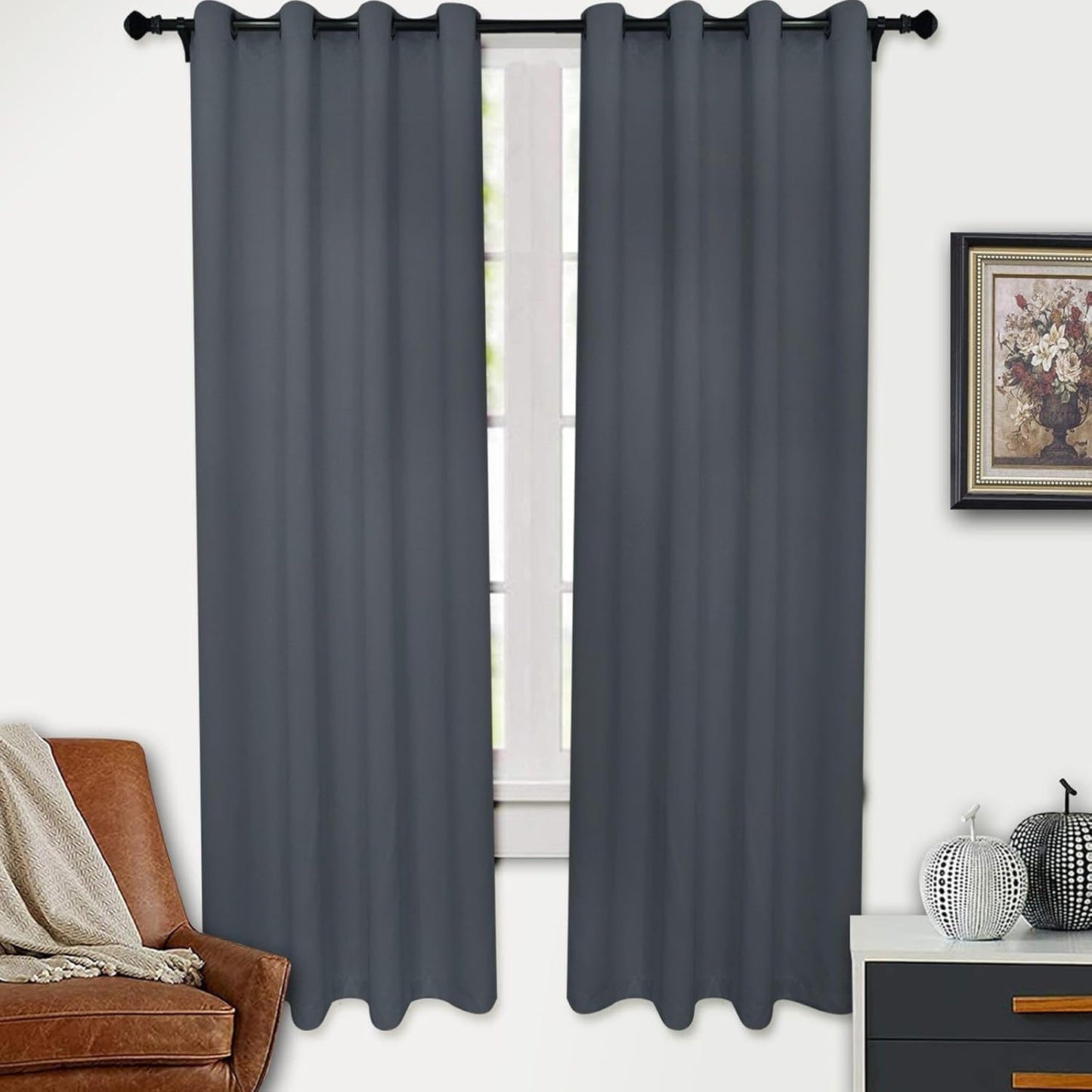 SKY-TOUCH 1 pair Thermal Insulated Blackout Curtain,Blackout Curtain with Eyelet Top,Heat Retention Energy Saving, Fashion Decoration, Blocks UV Rays Cloth for Living Room,Bedroom,130*213cm,Dark Gray