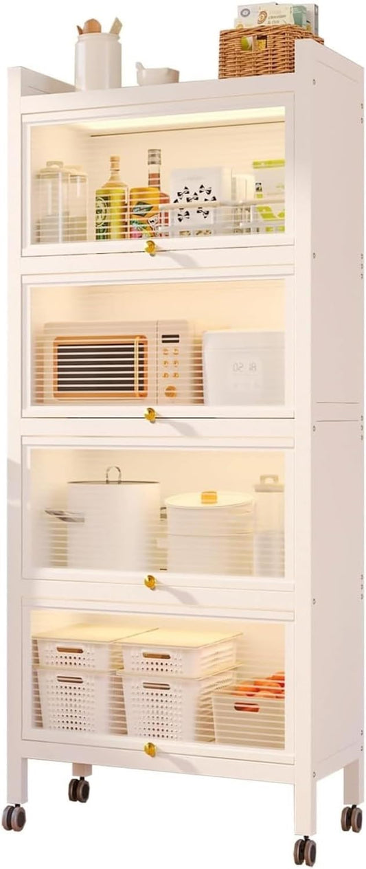 SKY-TOUCH 5-Tier Storage Cabinet : Standing Shelf Units with 4 Door Bookshelf Bookcase with 4 Wheels Storage Rack Organizer Workstation for Kitchen Home Office Pantry Study (White 144 * 55 * 32cm)