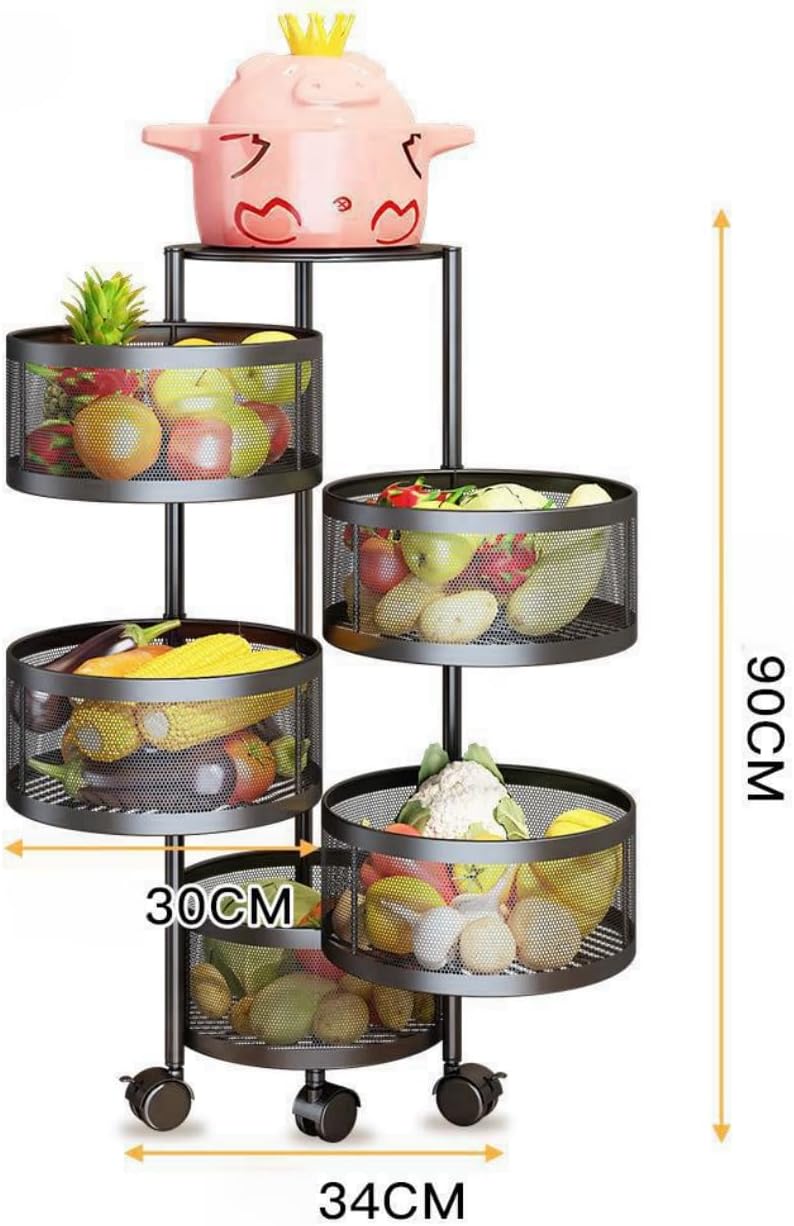 SKY-TOUCH 5 Tier Kitchen Storage Shelf, Rotatable Fruit Vegetable Basket, Circular Rotating Basket Large Storage Rack with 4 Movable Wheels