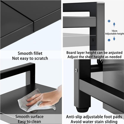 SKY-TOUCH Microwave Oven Rack, Expandable Microwave Stand with 6 Hooks, Kitchen Utensils Tableware Storage for Kitchen Dining Room