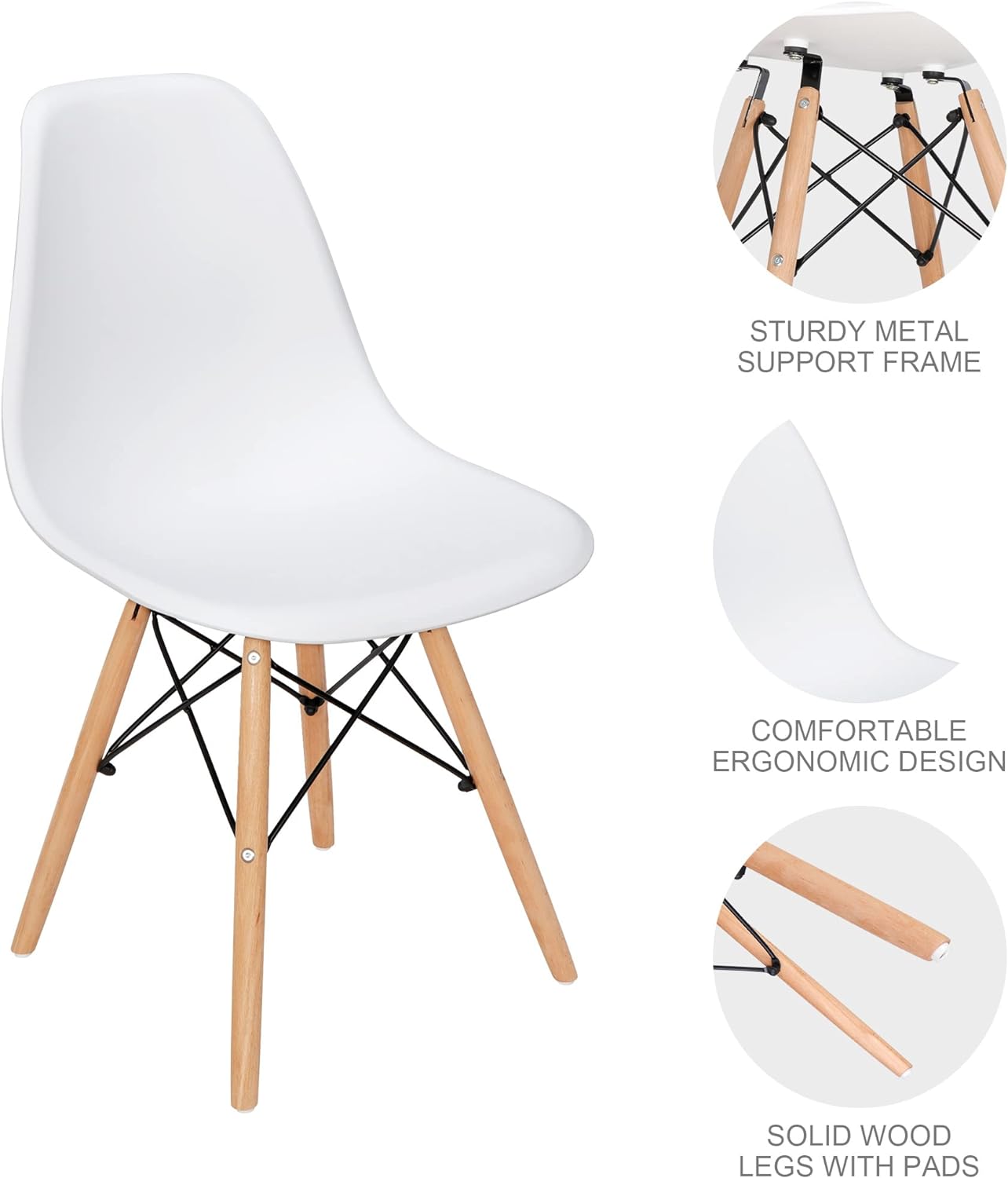 SKY-TOUCH pack Modern Dining Chair Dining Side Chairs set of 1, Simple Office Chair, Lounge Shell Chair with Folding Wood Legs and Plastic Seat, for Kitchen, Dining, Bedroom, Living Room,White