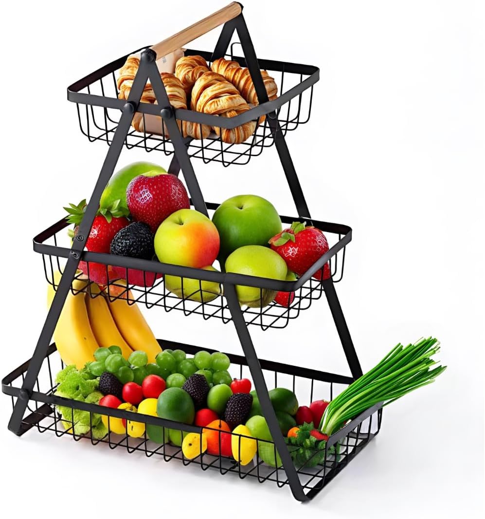 SKY-TOUCH 2-Tier Fruit Basket with Wooden Handle, Detachable Metal Fruit Bowl Holder Vegetable Storage Rack, Countertop Holder for Kitchen, Home, Office - Organize Fruits, Veggies, Snacks, Bread