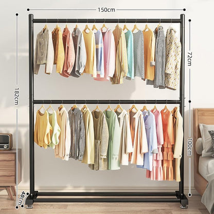 SKY-TOUCH Double Rod Clothing Garment Rack : Double Level Clothes Rack Organizer with Bottom Shelf Large Load Capacity Metal Clothing Rack for Bedroom Hanging Clothes (150 * 182 * 40cm Black)