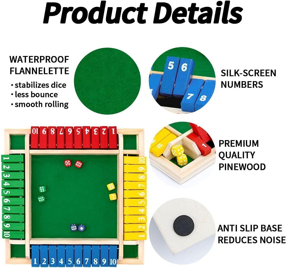 SKY-TOUCH Shut The Box Dice Game, 4-player wooden dice game, Family wooden desktop math game, 8 dice classic desktop game, Suitable for family education,Fun party classroom desktop game,Kids Adults.