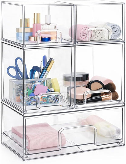 SKY-TOUCH 5 PACK Plastic Stackable Storage Drawers, Clear Acrylic Storage Drawers Container Boxes for Vanity, Undersink, Kitchen Cabinets, Pantry Organization and Storage, Wide *1 + Tall *2 + Small *2