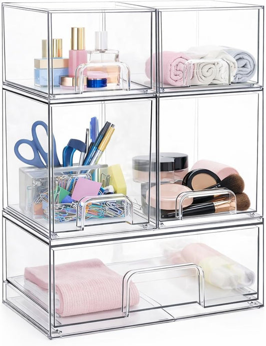 SKY-TOUCH 5 PACK Plastic Stackable Storage Drawers, Clear Acrylic Storage Drawers Container Boxes for Vanity, Undersink, Kitchen Cabinets, Pantry Organization and Storage, Wide *1 + Tall *2 + Small *2
