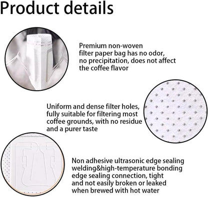SKY-TOUCH 100 PCS Disposable Coffee Filter Paper Bag, Portable Single Serve Drip Brewing, Hanging Ear Design for Travel, Camping, Home, Office