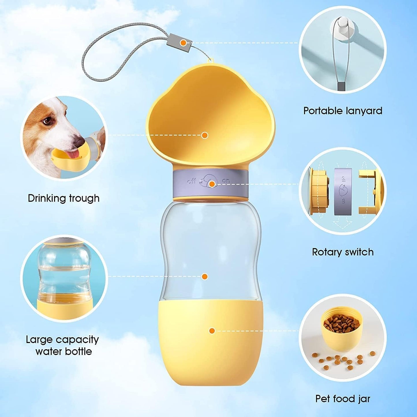 SKY-TOUCH Dog Water Bottle with Food Container, Portable Leak Proof Pet Water Dispenser, Travel Bowl for Walking Hiking Outdoor, Puppy Essentials for Small Medium Dogs(Yellow 350ml+200ml)