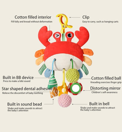 SKY-TOUCH Crab Car Seat Toy for Babies - Multi-Sensory Infant Stroller Toy with Mirror, Bell, Rattles, Crinkle, Teether - Safe, Soft, Fun Activity Toy for 18 months+