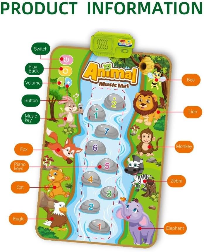 SKY-TOUCH Animal Music Mat, Early Learning Educational Toys, Montessori Sensory Musical Dance Mat for Toddlers Boys Girls, Touch Play Floor Keyboard Pad, Gifts for Kids 18+ Months (80*50cm)
