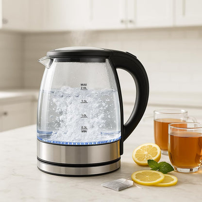 SKY-TOUCH Electric Kettle, 2L 1500W Glass Hot Water Boiler & Tea Pot, BPA-Free Borosilicate Glass, LED Indicator, Auto Shut Off & Boil-Dry Protection, Stainless Steel Bottom