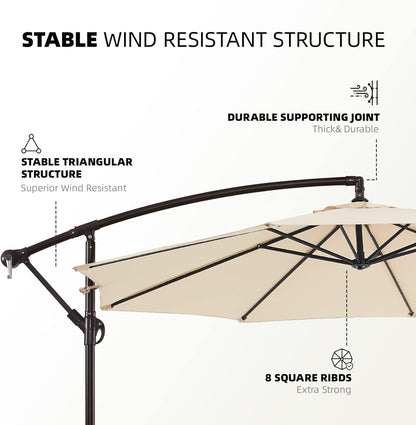 SKY-TOUCH 3M Patio Umbrella: 8 Ribs Offset Hanging Sun Shade Umbrella with Adjustable Height and Tilt Angle Fade Resistant Recycled Fabric Canopy for Yard Garden (Cross Base with Water Tank, Beige)