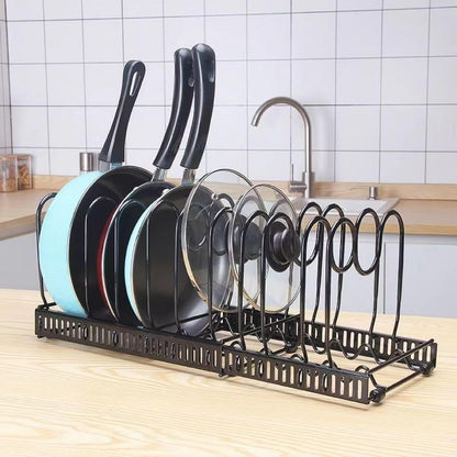 SKY-TOUCH Pot and Pan Organizers Rack : Expandable Pot Lid Organizer Holder with 10 Adjustable Compartment Cookware Plate Rack for Kitchen Cabinet Black