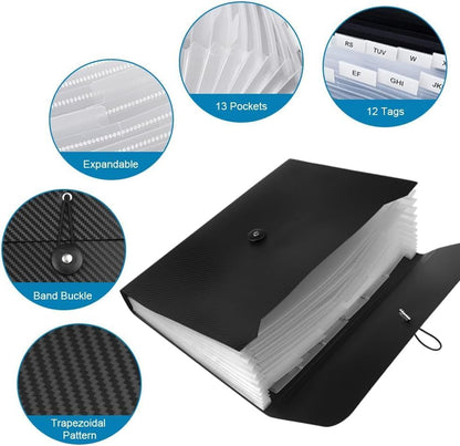 SKY-TOUCH 25-Compartment Accordion File Folder with Hanging Strap – A4 Document Organizer, 13 Pockets with Transparent Pages, Black & Clear, Ideal for Papers, Reports, & Files