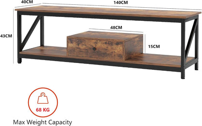 SKY-TOUCH TV Stand : Modern TV Table with 1 Drawer Wide TV Entertainment Center with Storage Shelves Sturdy Wooden TV Console Table with Metal Frame for Living Room (140 * 40 * 43CM Grey/Tiger Wood)