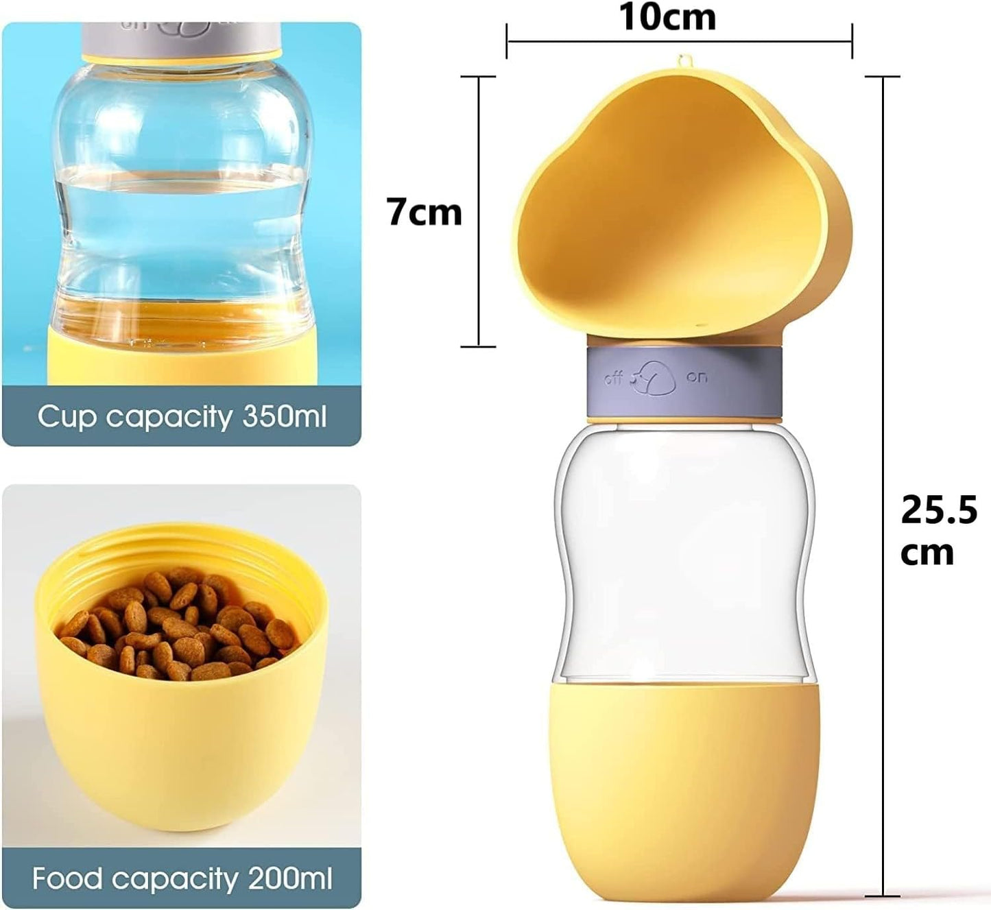 SKY-TOUCH Dog Water Bottle with Food Container, Portable Leak Proof Pet Water Dispenser, Travel Bowl for Walking Hiking Outdoor, Puppy Essentials for Small Medium Dogs(Yellow 350ml+200ml)