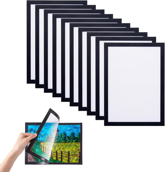 SKY-TOUCH 10 PCS Magnetic Picture Frame A4 – Self-Adhesive, Clear Protective Display Frame for Certificates, Photos, Posters – No Nails, Wall-Friendly, Glossy Finish, Black, Horizontal/Vertical