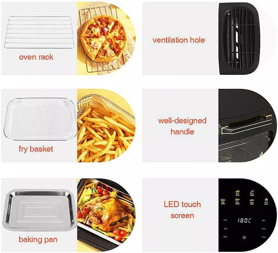 SKY-TOUCH 15L Smart Air Fryer : Multifunctional Oven with Large Viewing Window 360° Heat Digital Air Fryers with Dishwasher-Safe Oven Rack Fry Basket Baking Pan 60-200℃ 6 Presets (1400W Black)