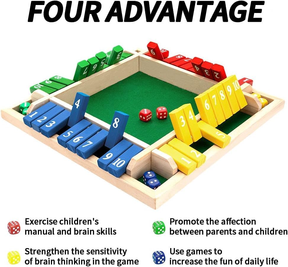 SKY-TOUCH Shut The Box Dice Game, 4-player wooden dice game, Family wooden desktop math game, 8 dice classic desktop game, Suitable for family education,Fun party classroom desktop game,Kids Adults.