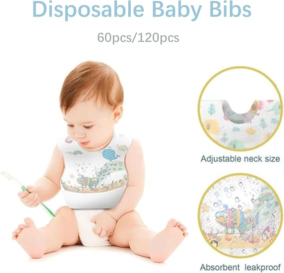 SKY-TOUCH Disposable Baby Bibs 60/120pcs, Portable Waterproof Bib with Crumb Catcher for Girls and Boys, Individually Packaged Suitable for traveling and outing, Baby Bibs Travel Essential