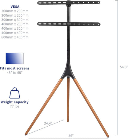 SKY-TOUCH 45"-65" TV Stand Easel with Tripod Base, Height Adjustable Swivel TV Floor Stand, Dark Walnut Legs,for LED LCD Screens, Max VESA 600x400mm, 77lbs Capacity,(Install Manual Included)