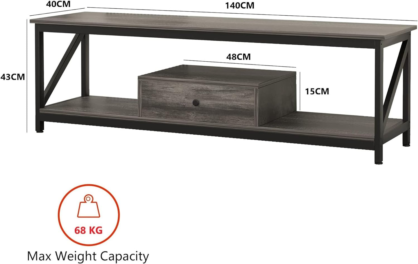 SKY-TOUCH TV Stand : Modern TV Table with 1 Drawer Wide TV Entertainment Center with Storage Shelves Sturdy Wooden TV Console Table with Metal Frame for Living Room (140 * 40 * 43CM Grey/Tiger Wood)