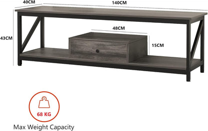 SKY-TOUCH TV Stand : Modern TV Table with 1 Drawer Wide TV Entertainment Center with Storage Shelves Sturdy Wooden TV Console Table with Metal Frame for Living Room (140 * 40 * 43CM Grey/Tiger Wood)