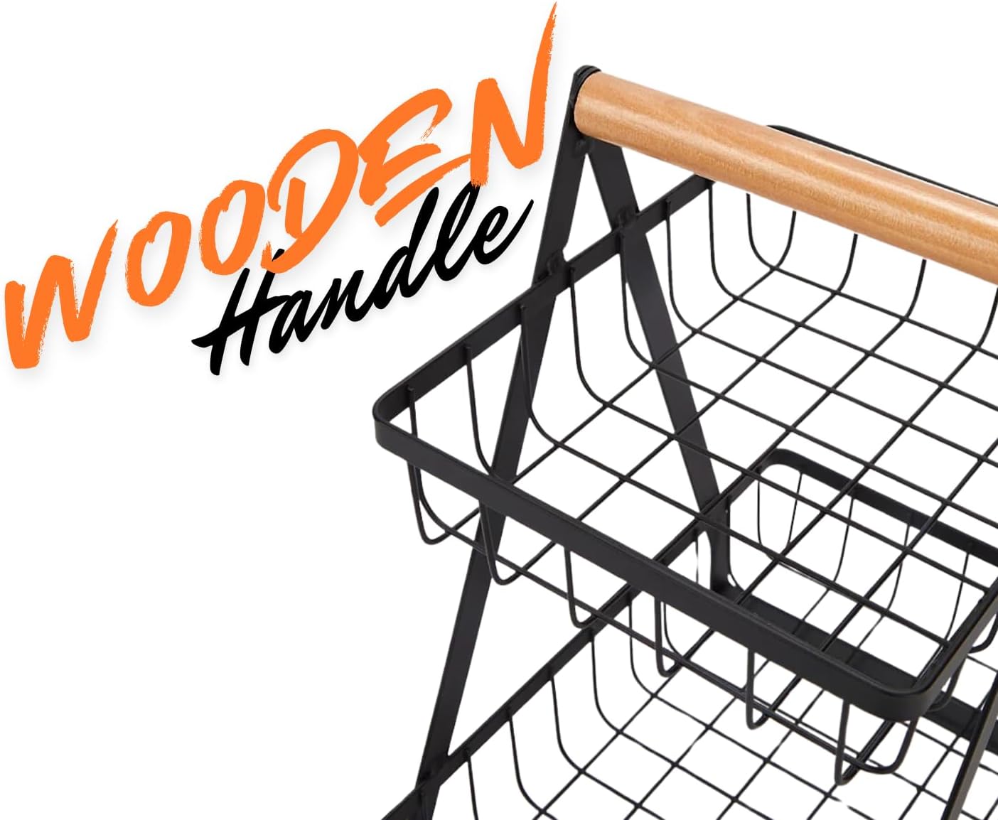 SKY-TOUCH 2-Tier Fruit Basket with Wooden Handle, Detachable Metal Fruit Bowl Holder Vegetable Storage Rack, Countertop Holder for Kitchen, Home, Office - Organize Fruits, Veggies, Snacks, Bread