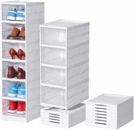 SKY-TOUCH Shoes Storage Box, Installation Free 6 Layer Clear Shoe Boxes Stackable Foldable, Storage Organiser for shoes, Trainers,high heels,Hallway,Under Bed Shoe Box,Women,Men, 35x26x105cm