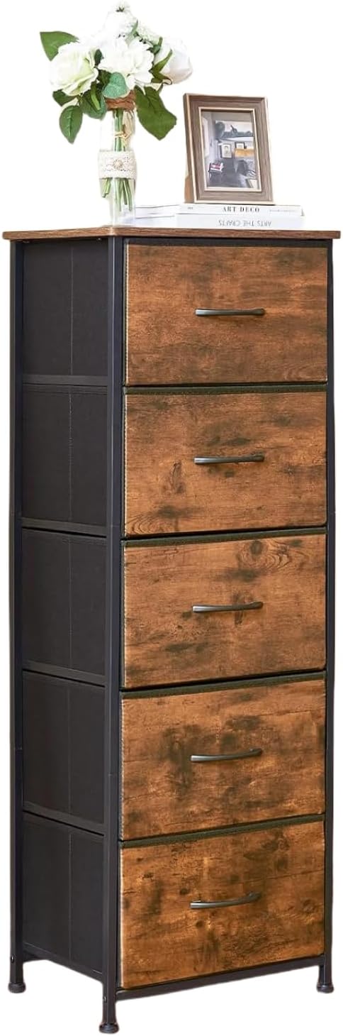 SKY-TOUCH 5 Chest of Drawers, Vertical Storage Drawers Tower Fabric Chest Dresser, Tall Organizer Dresser for Bedroom, Nursery, Closets, Sturdy Steel Frame with Wooden Top, Brown