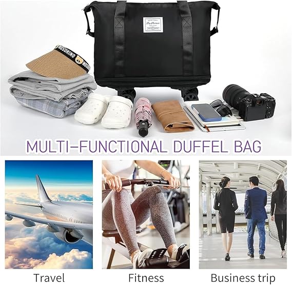 SKY-TOUCH Travel Duffel Bags, Expandable Luggage Bag with Wheels, Suitcase with Spinner Wheels, Duffel Bag for Men and Women Lightweight Suitcases, Black