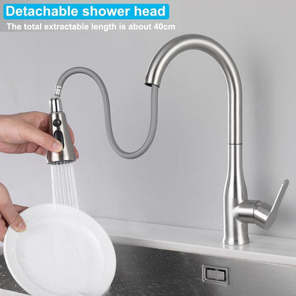 SKY-TOUCH Kitchen Faucet Tap with Pull Down Sprayer, 3 Spray Mode High Pressure Faucet for Kitchen - Stainless Steel Sink Mixer Tap, 80CM Water Inlet Pipe, 1/2 Connector Size, Hot Cold Water Faucet