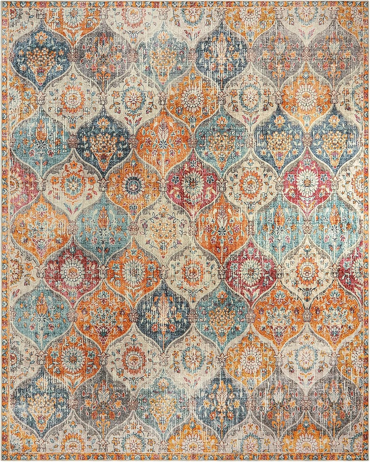 SKY-TOUCH Moroccan Retro Washable Area Rug, 100x160cm Soft Rug for Bedroom Kitchen Office Entryway Bathroom, Non-Slip Oriental Accent Throw Carpet,Cream/Multi Color