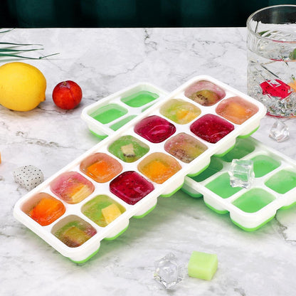 SKY-TOUCH 4 Pack Ice Cube Trays with Clear Removable Lid Easy-Release Silicone Flexible Ice Cube Moulds and BPA Free Stackable Durable - Green, 25x10x3cm