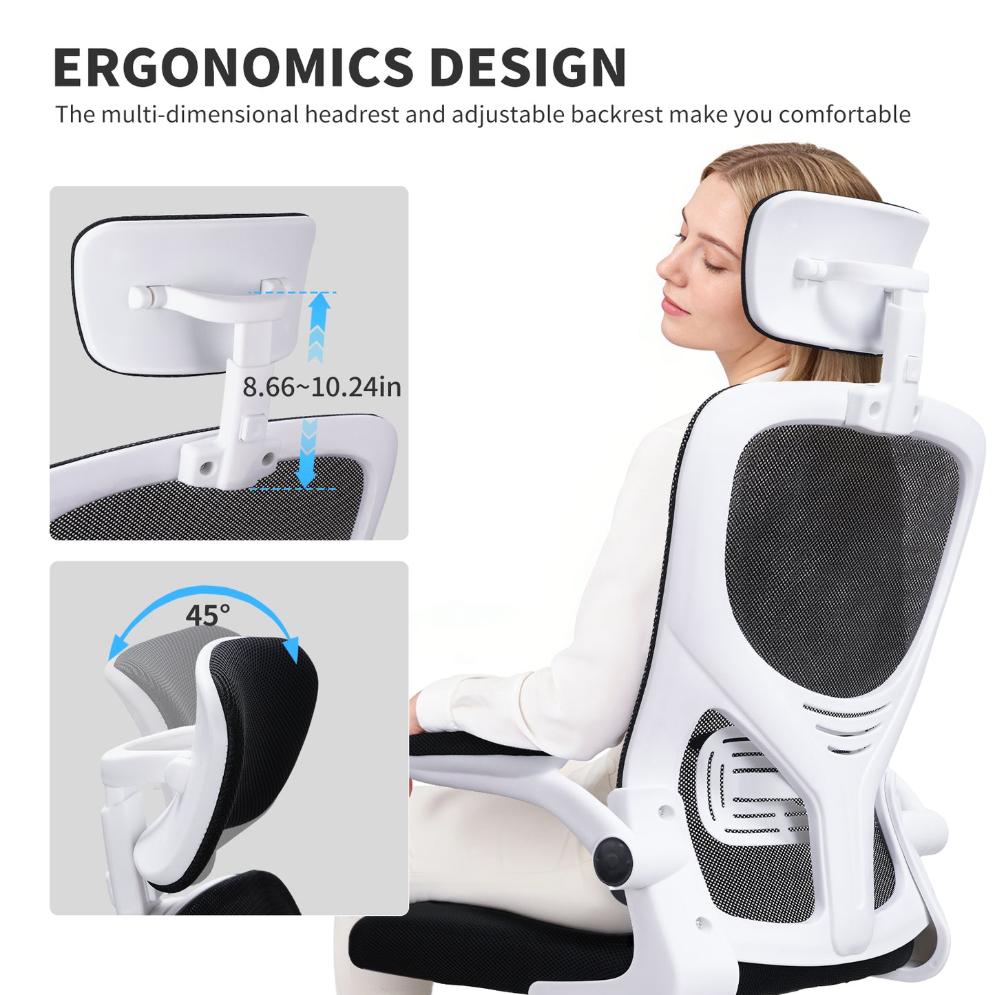 SKY-TOUCH Ergonomic Office Chair,Height adjustable Gaming Chair, Breathable Mesh Design High Back Desk Chair with Flexible Headrest, Swivel Padded Armrest, Lumbar Support, Tit, White